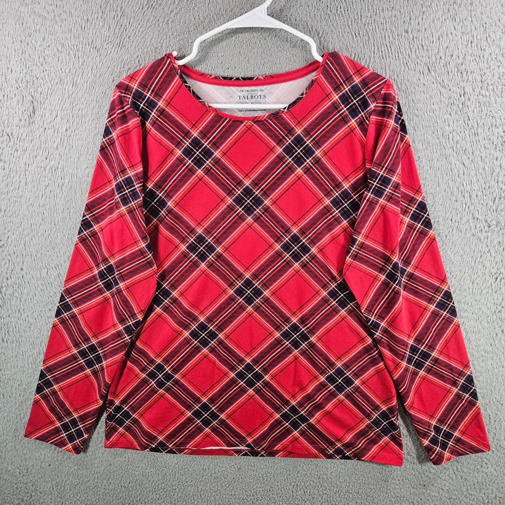 Talbots Red Plaid Long Sleeve Tee Womens Large Cotton Stretch Scoop Neck Top